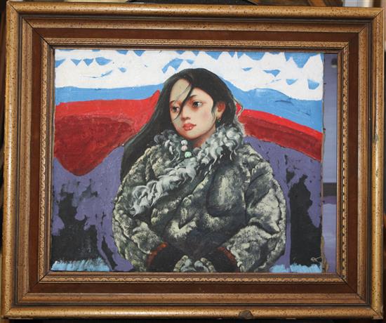After Zhen Yifen Portrait of a girl wearing a fur coat, 14 x 16.5in.
